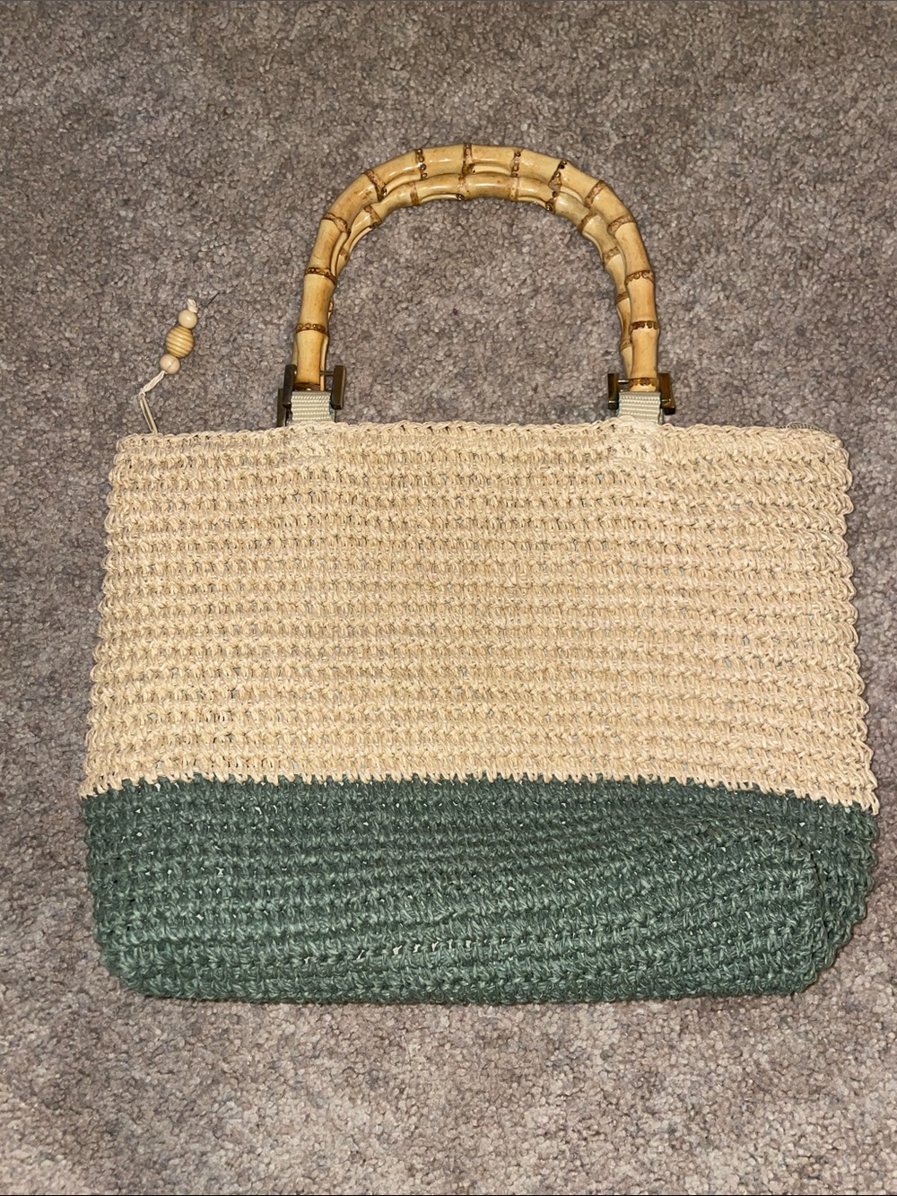 Woven Two-Tone Straw Tote Bag with Bamboo Handles - Beige & Green